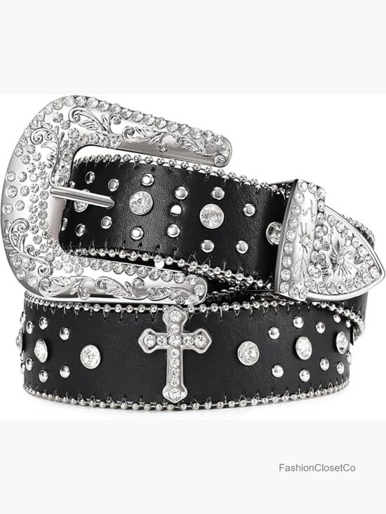 Rhinestone Studded Faux Leather Belt with Buckle, Western Cowgirl Style main image 3